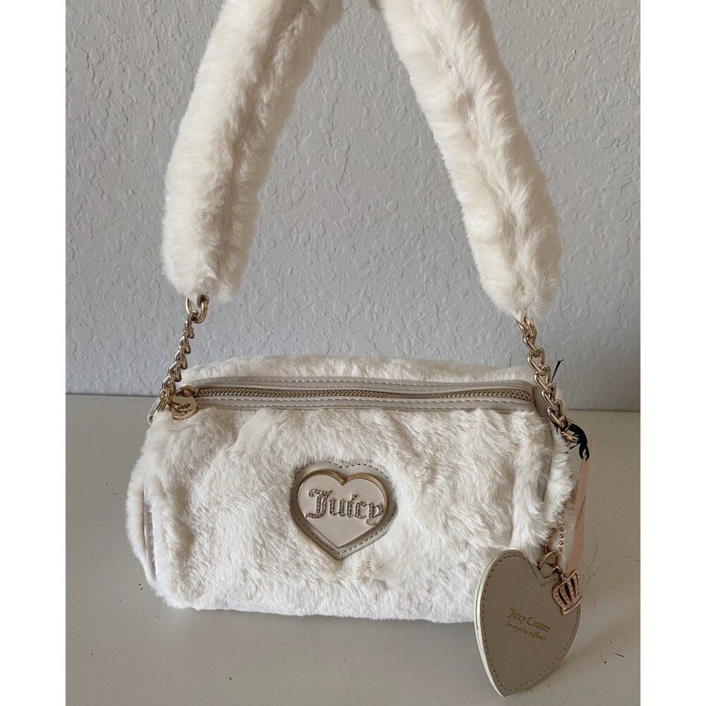 Juicy Couture Warm Up Barrel Shoulder Bag Purse Crystal White W/Charm Fuzzy NEW